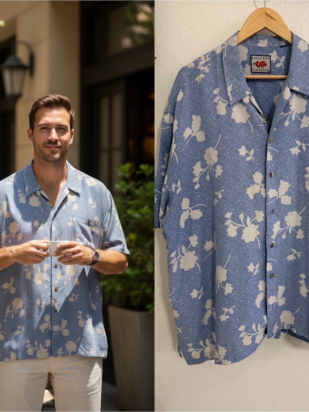 Vintage Bugle Boy Classics Men’s XL Blue Floral Hawaiian Button Up Shirt